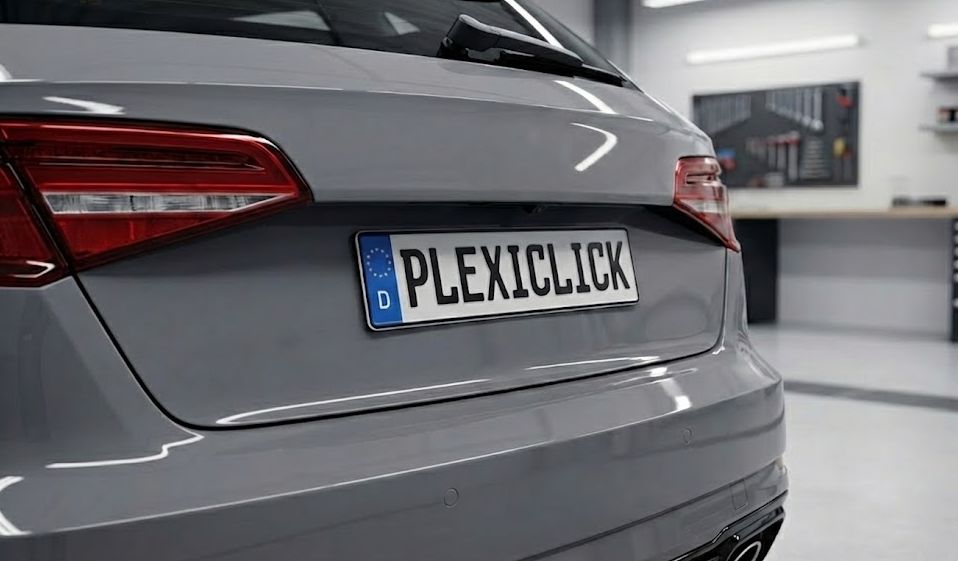 Rahmenlos montiertes Kennzeichen am Auto mit PLEXICLICK® Kennzeichenhalter – Kennzeichenhalter 2026 und TÜV-Regeln