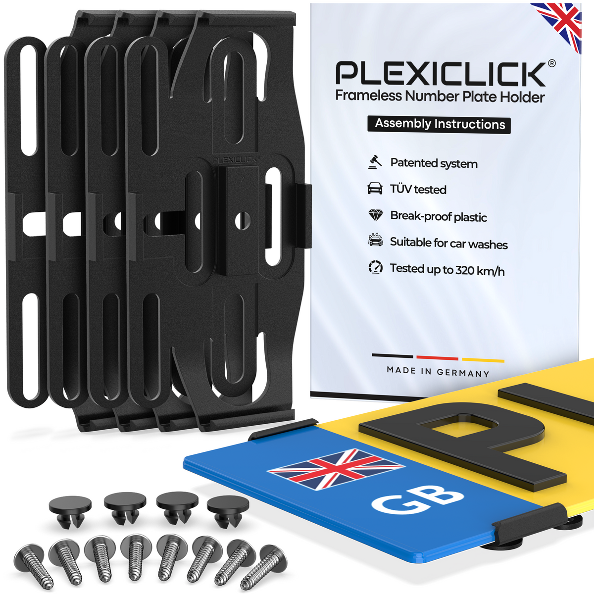 PLEXICLICK® V1.3D UK black frameless number plate holder clips for acrylic number plates – invisible and advert-free