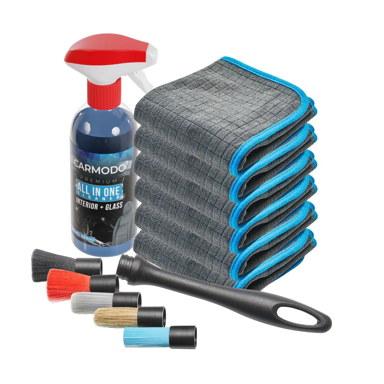 CARMODO® ALL IN ONE Cleaner + 6x Innenraumtücher + 5 plus 1 Pinselset - Plexiclick®