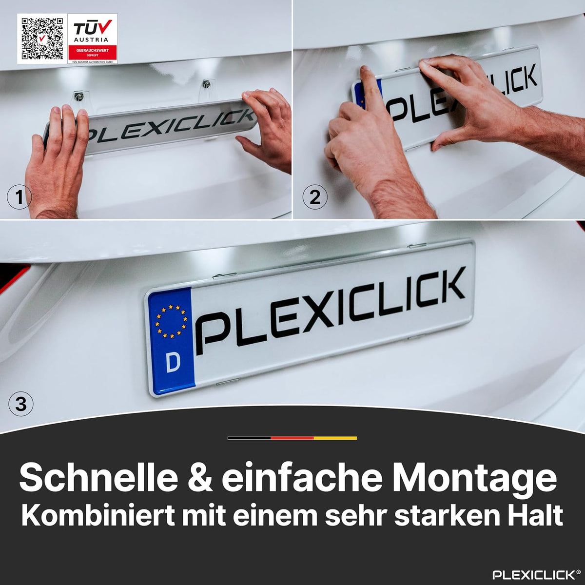 PLEXICLICK® V2 Kennzeichenhalter rahmenlos – unsichtbare Kennzeichenhalterung für 112–113 mm Kennzeichen