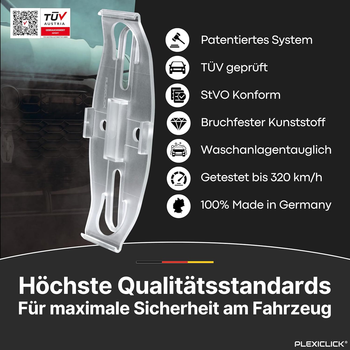 PLEXICLICK® V2 rahmenloser Nummernschildhalter für EU-Kennzeichen (112–113 mm)