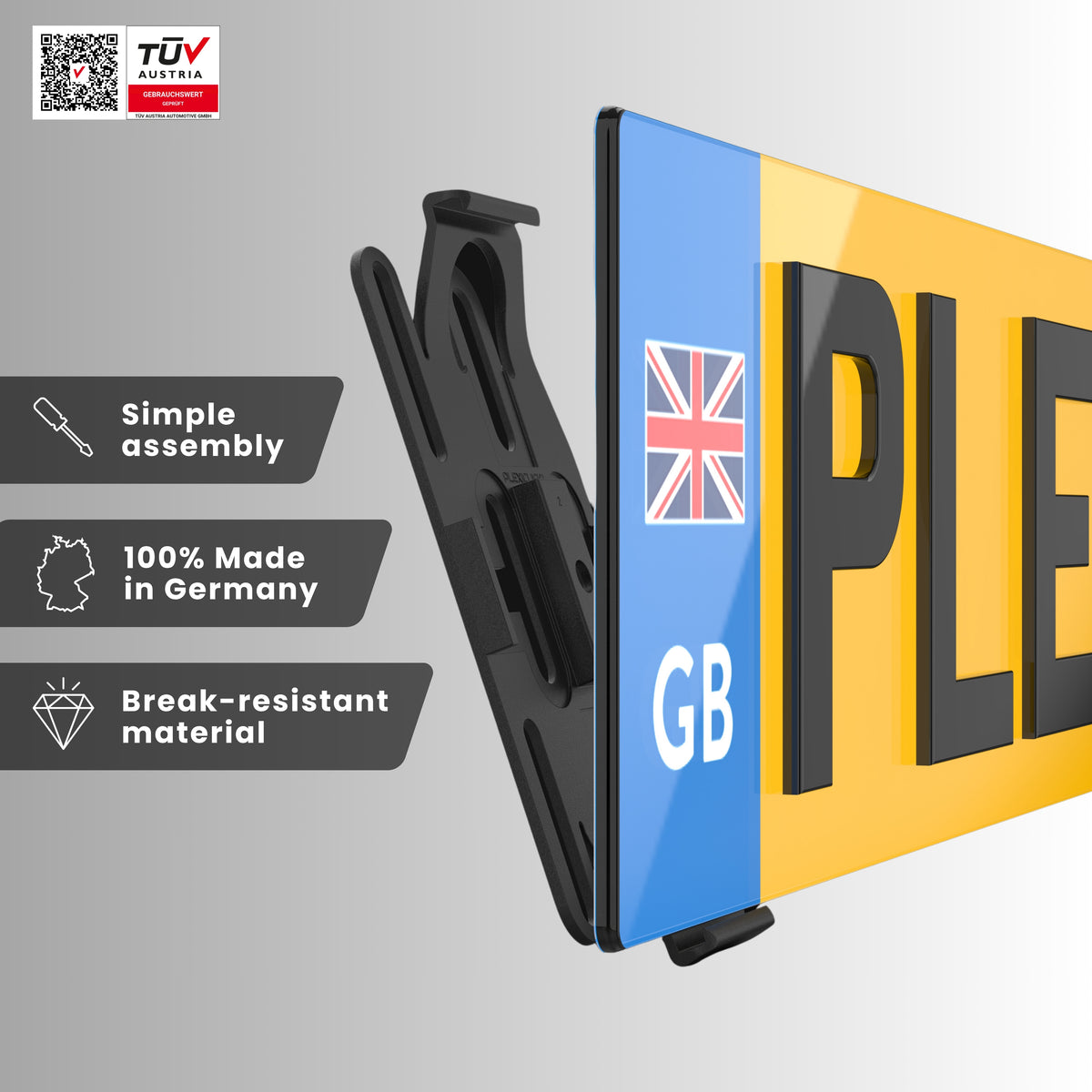 PLEXICLICK® V1.3D UK black number plate holder – easy fitting, break-resistant plastic, 100% made in Germany, TÜV Austria tested