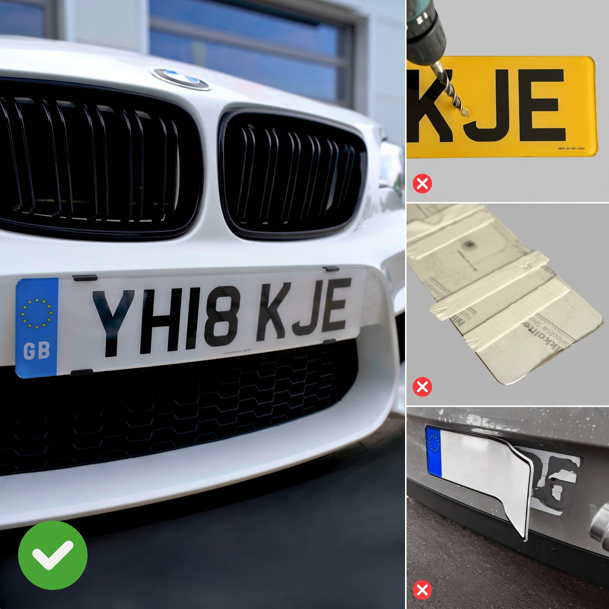 UK front number plate fitted with PLEXICLICK® black clips compared with drilling, sticky pads and other fixing methods