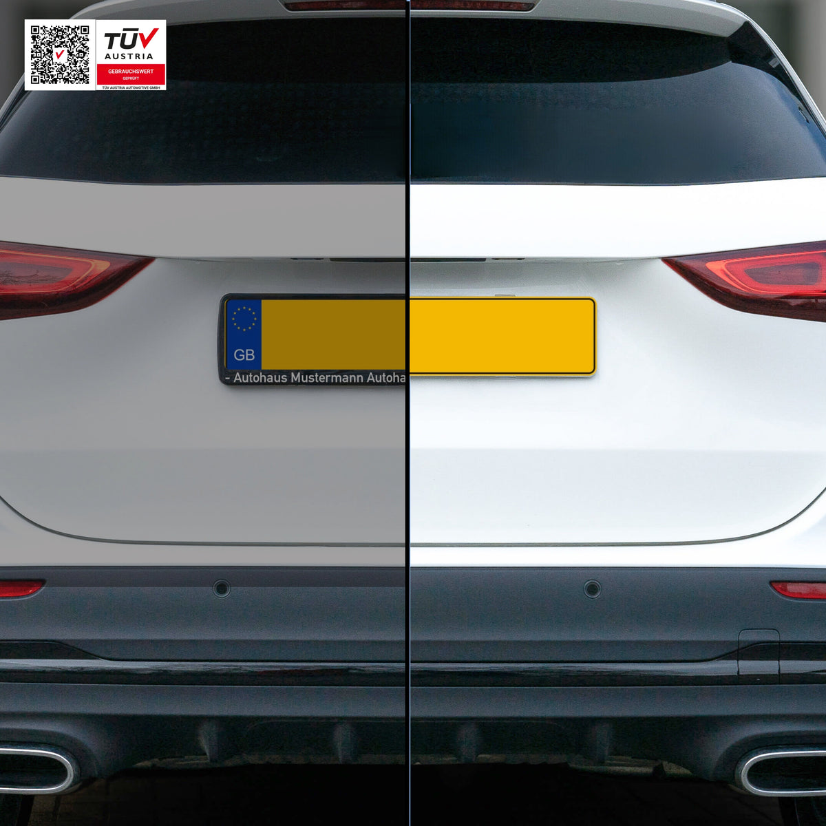 Before and after: rear number plate with dealer surround vs. clean frameless look with PLEXICLICK® V1.3D UK clear clips